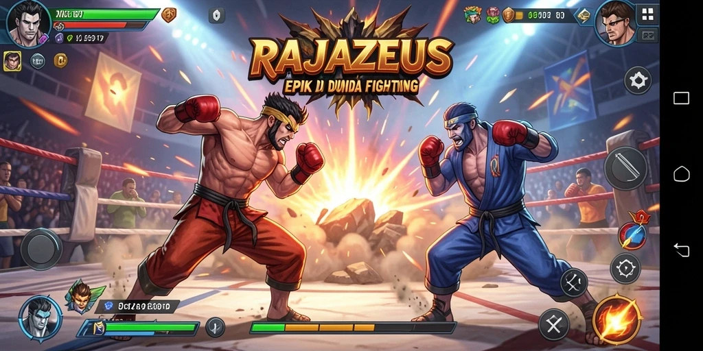 Screenshot RAJAZEUS menampilkan pertarungan seru dengan karakter yang kuat.