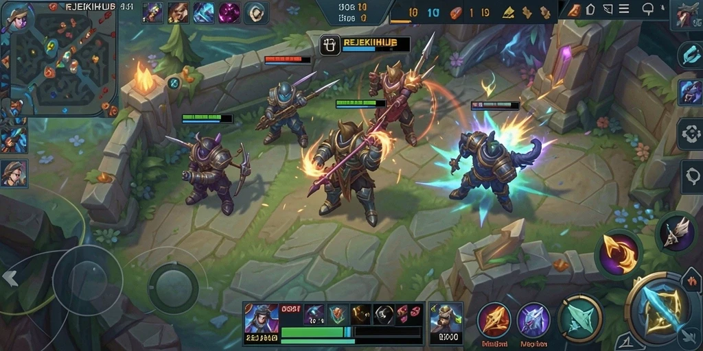 Tampilan seru gameplay REJEKIHUB dengan karakter yang beraksi di arena MOBA.