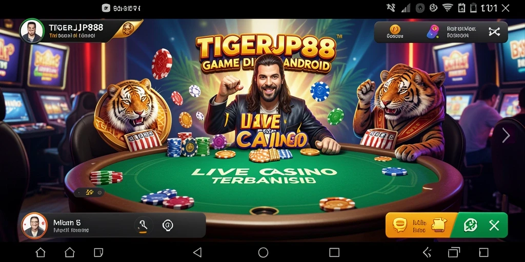 Screenshot gameplay TIGERJP88 menampilkan dealer langsung dan pemain yang berinteraksi.